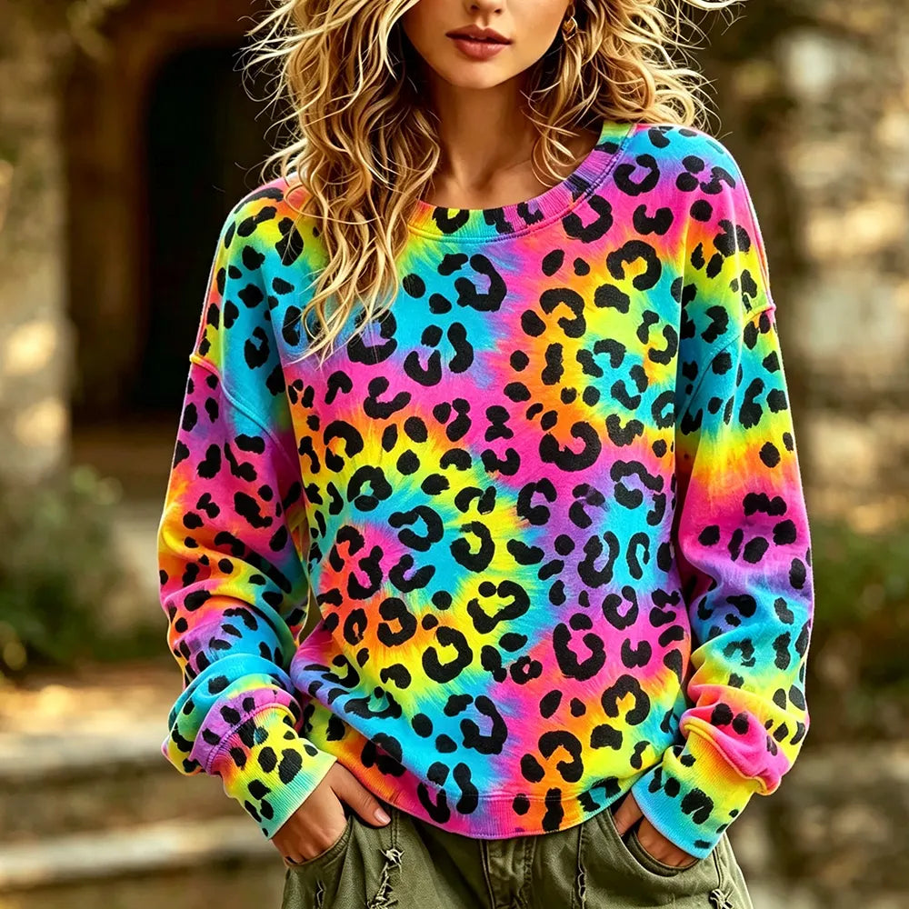 Women's Rainbow Tie-dye Crewneck Sweatshirt With Vibrant Leopard Print