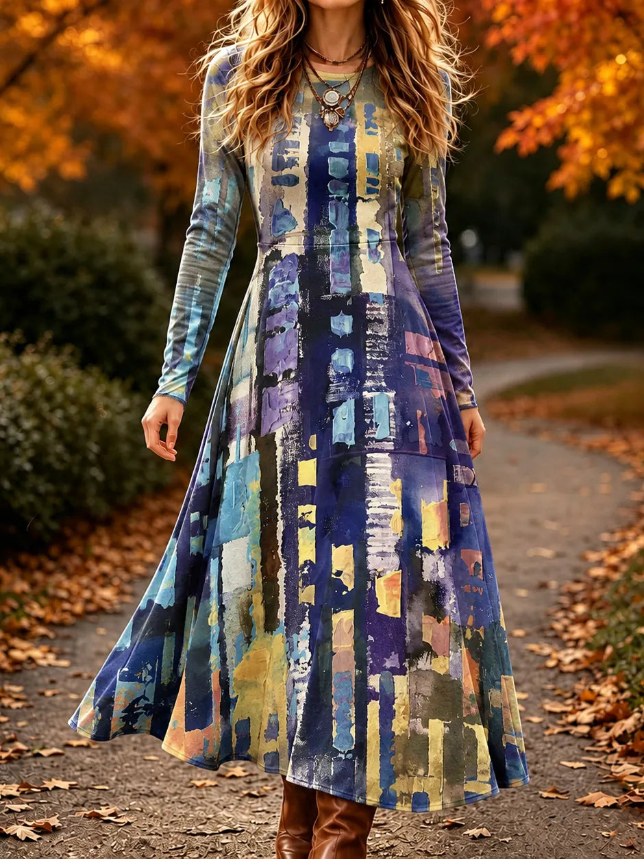 Women's Retro Abstract Geometric Print Long Sleeve Maxi Dress