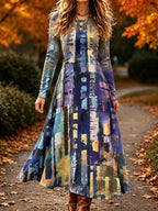 Women's Retro Abstract Geometric Print Long Sleeve Maxi Dress