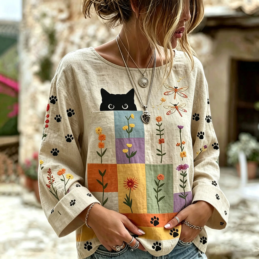 Women's Vintage Hippie Cute Cat In Patchwork Art Linen Blend Round Neck Long Sleeve Tshirt