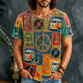 Men's Rainbow Color Block Bus Floral Print Crew Neck Short Sleeve T-Shirt