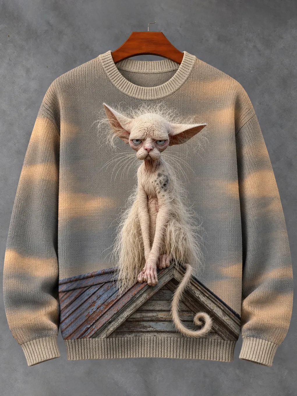 Men's Retro Cat Print Crew Neck Cozy Knit Sweater