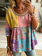 Women's Vintage Floral Hippie Vibes Art Print Flowy Linen Blend  Linen Tops