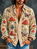 Men's Hippie Toadstool Butterfly Wildflower Print Long Sleeve Shirt
