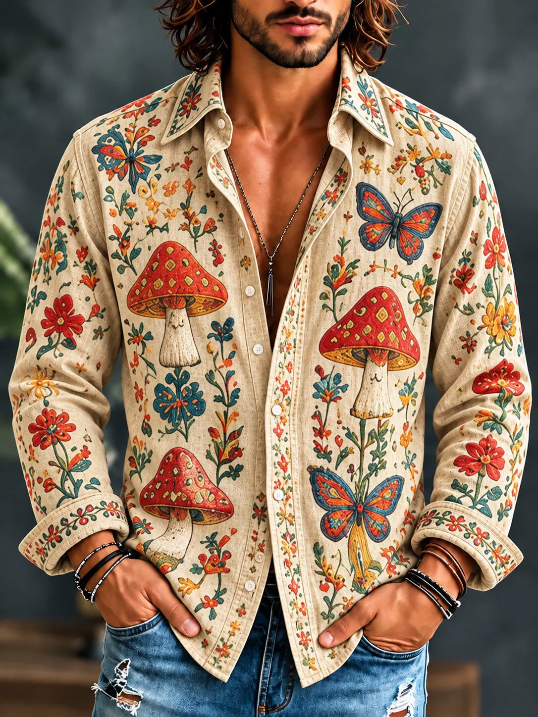 Men's Hippie Toadstool Butterfly Wildflower Print Long Sleeve Shirt