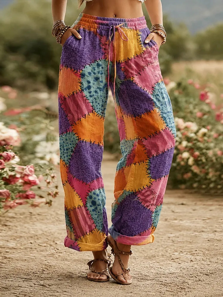 Women's Hippie Geometric Patchwork Pattern Art Colorful And Linen Long Pants