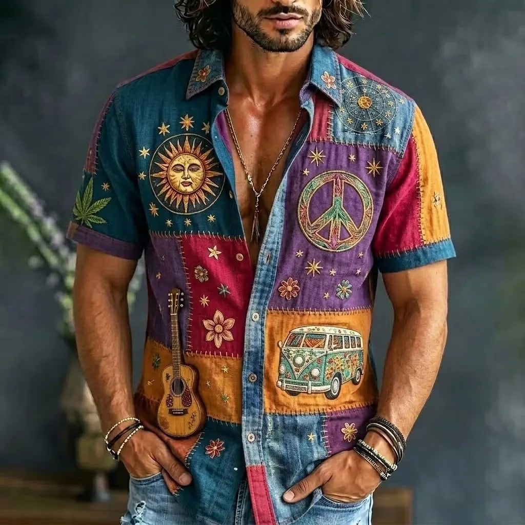 Men's Sun Peace Van Hippie Patchwork Boho Print Short Sleeve Buttons Shirt
