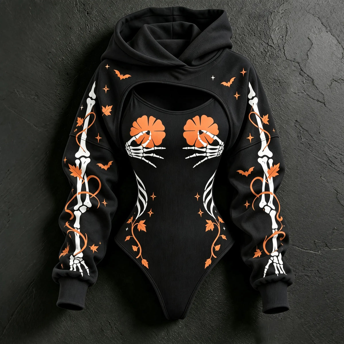 Women's Retro Halloween Pumpkin & Skeleton Hand Print Casual Two-piece Set