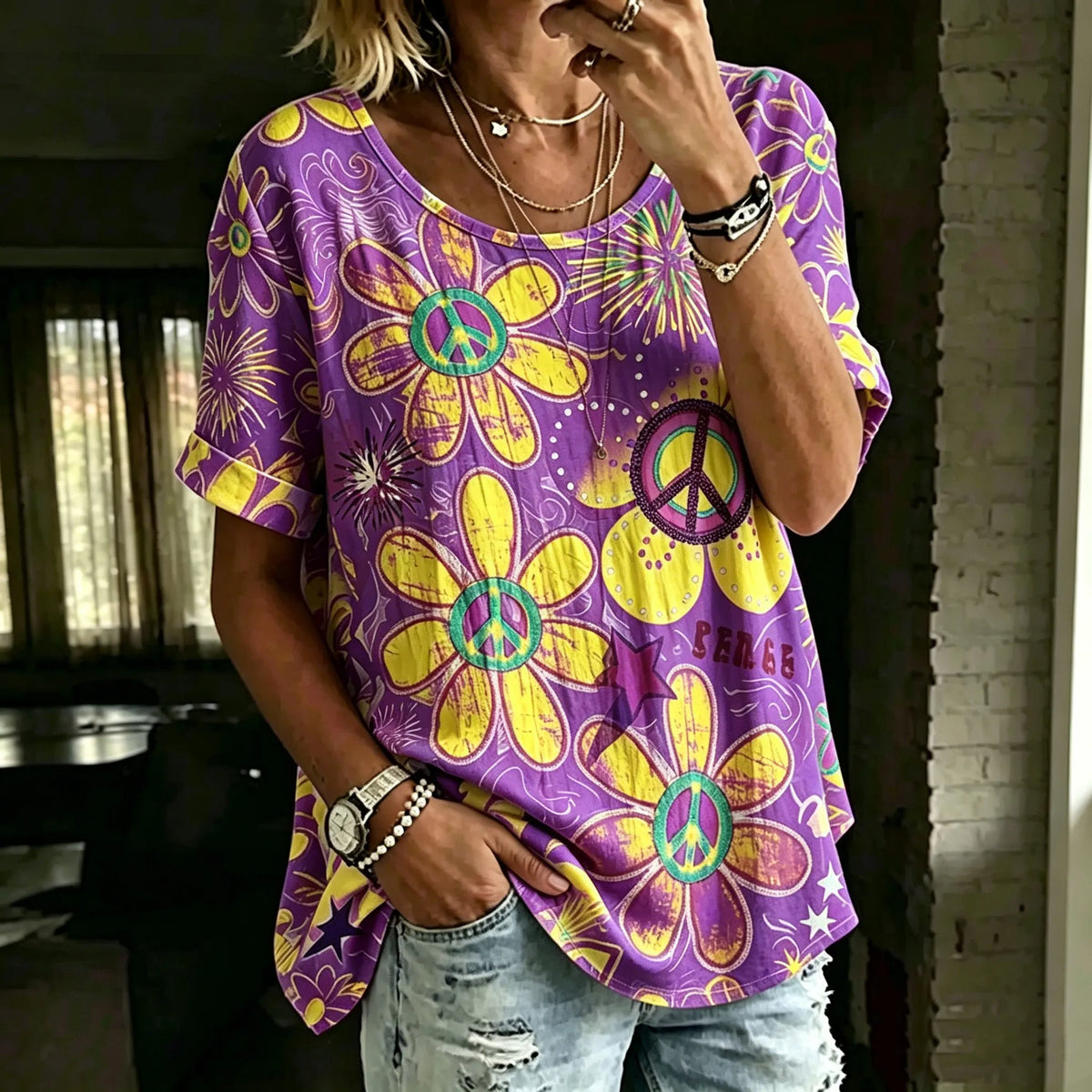 Women's Retro Bohemian Floral And Hippie Print Top