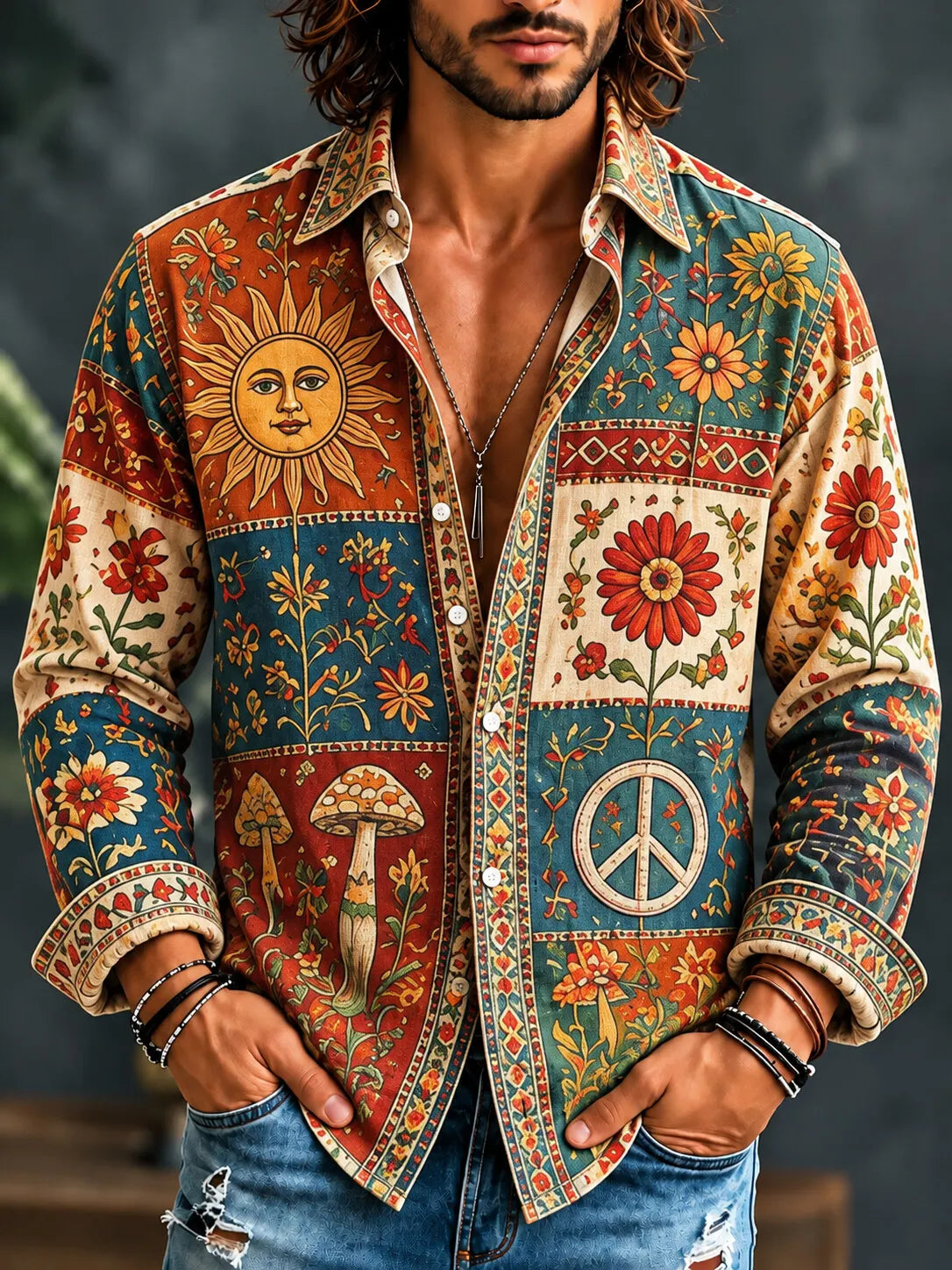Men's Hippie Multi-element Art Print Long Sleeve Shirt