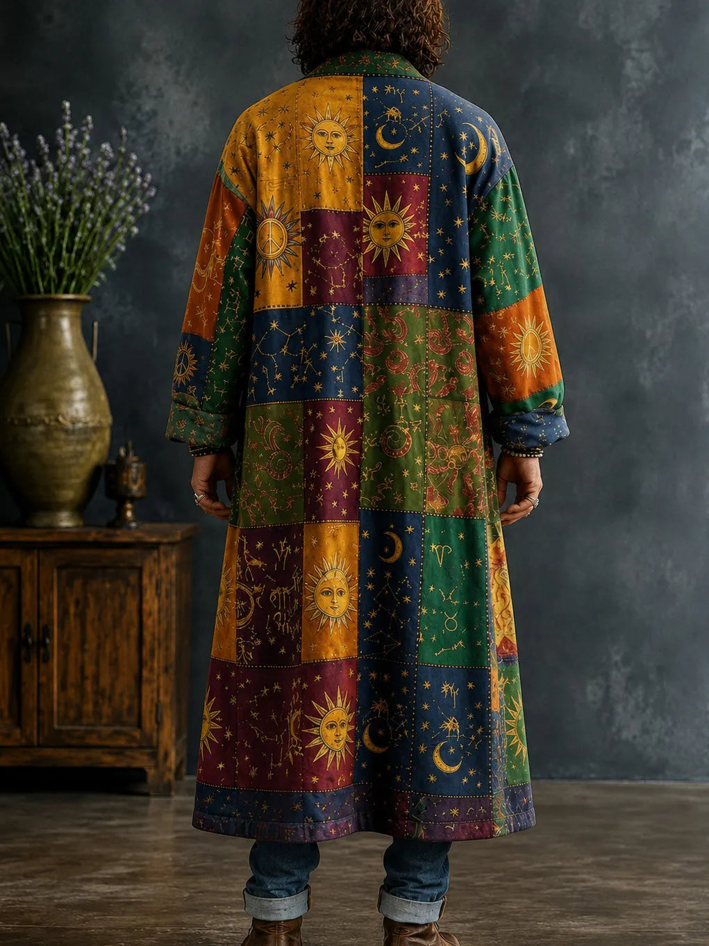 Men's Patchwork Zodiac Sign Crescent Star Motifs Print Kimono Cardigan