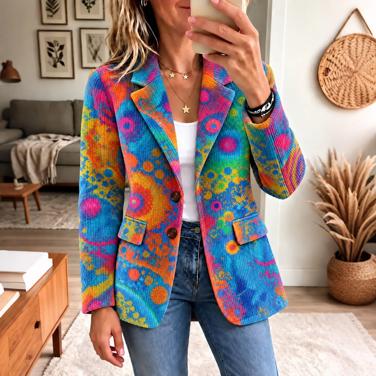 Women's Retro Multi-color Print Casual Corduroy Blazer