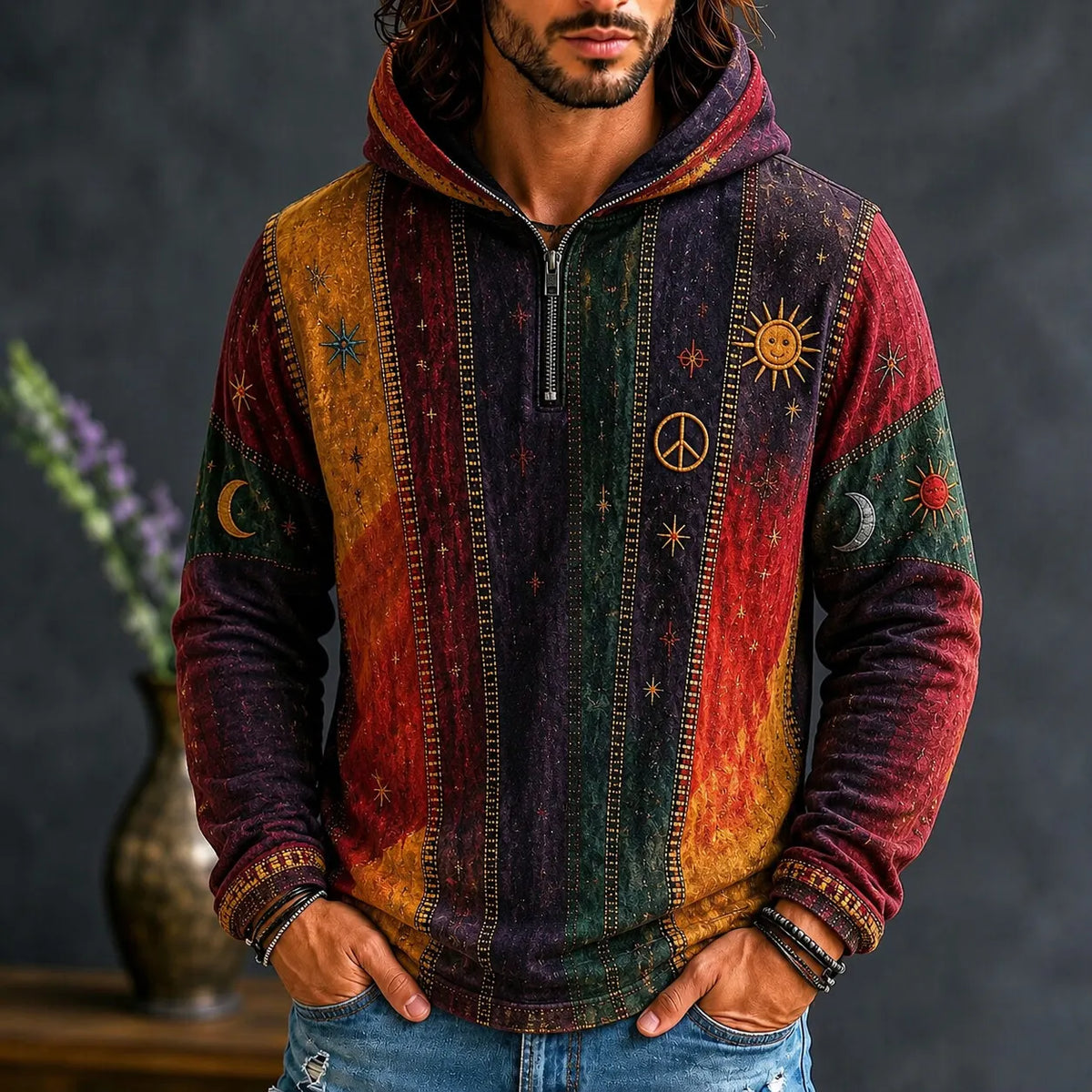 Men's Sun Moon Peace Vertical Stripes Print Zipper Hoodies