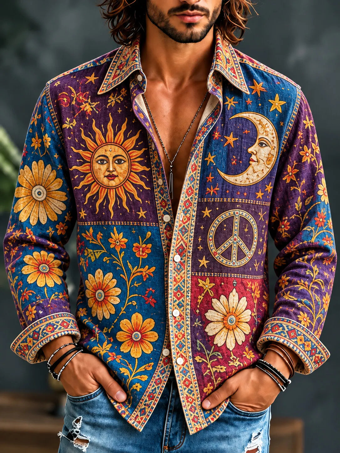 Men's Hippie Celestial Elements Peace Symbol Mixed Floral Print Long Sleeve Shirt