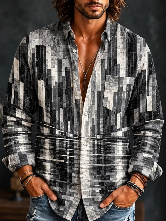 Men's Mosaic Rectangular Block Shapes Print Long Sleeve Pocket Shirt