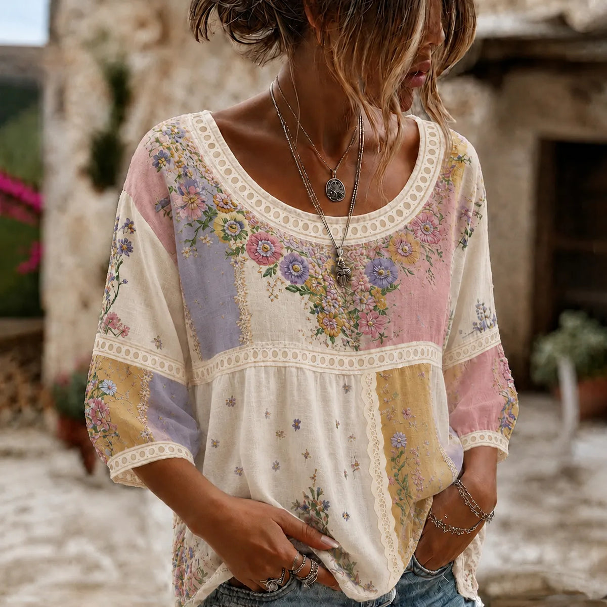 Women's Vintage Boho Floral Embroidered Patchwork Art Crew Neck Linen Blend T-shirt