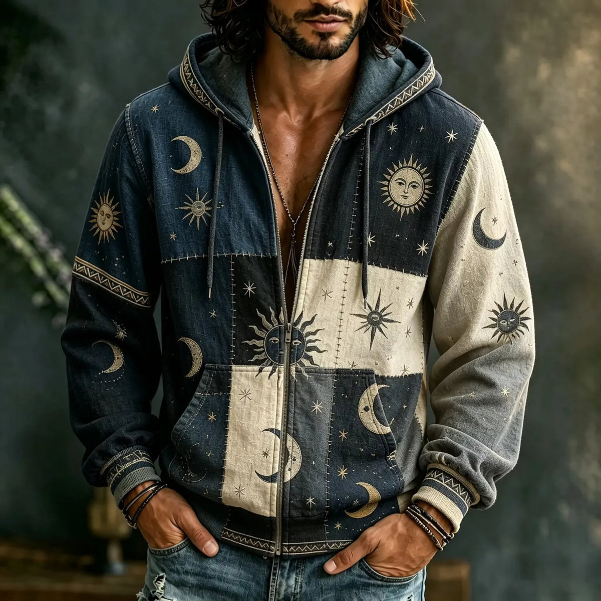 Men's Bohemian Patch Sun Peace Moon Star Print Zipper Hoodies