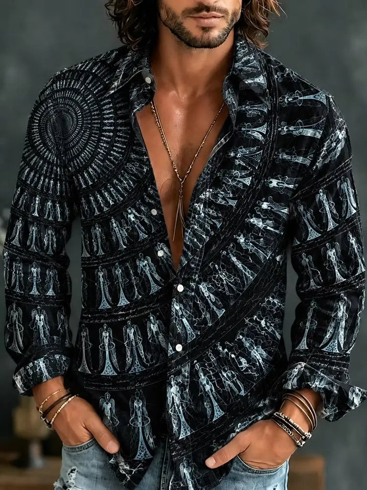Men's Dark Tribal Totem Figure Print Long Sleeve Shirt