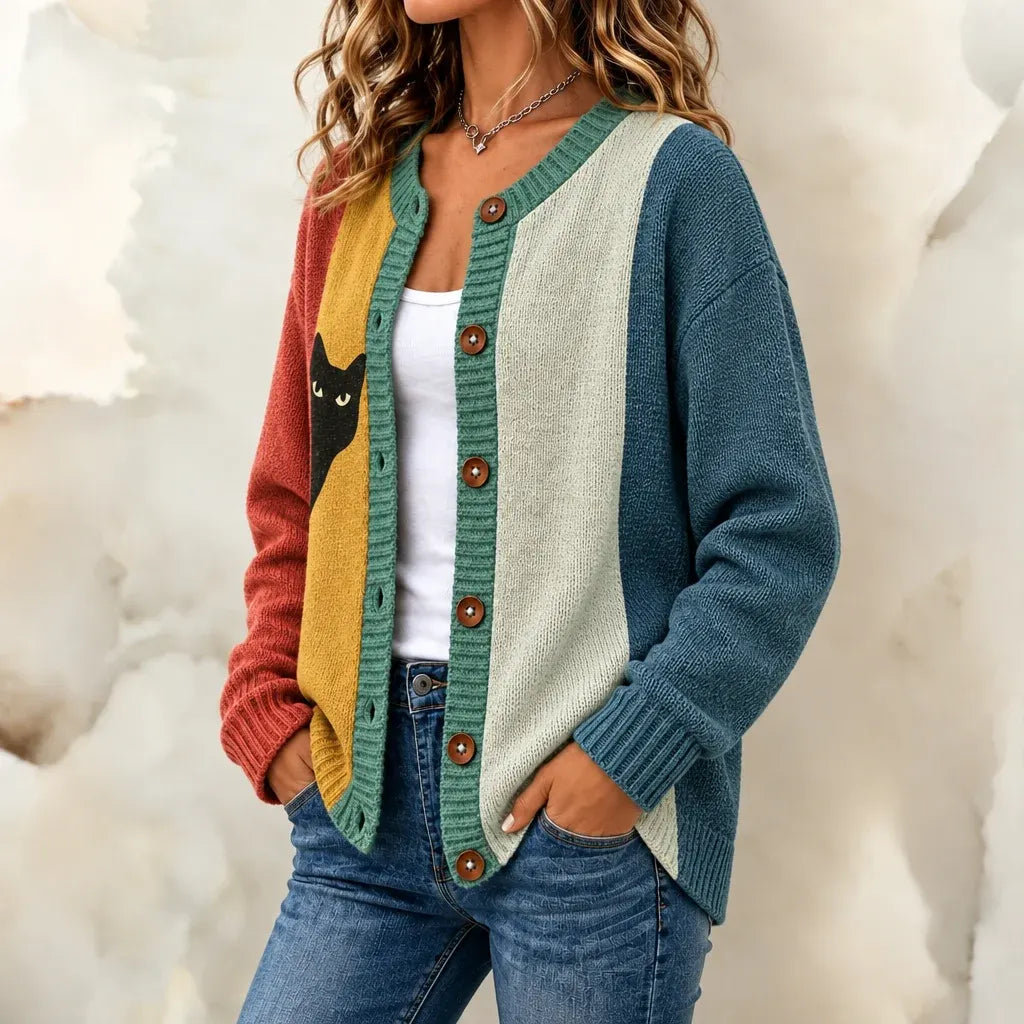 Women's Playful Black Cat Colorblock Design Relaxed Fit Button Front Knit Cardigan Sweater
