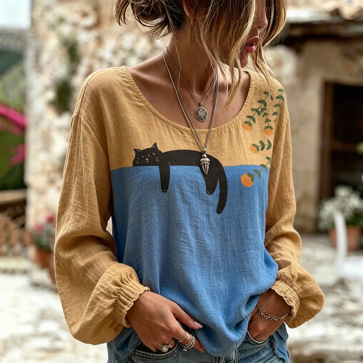 Women's Vintage  Cute Lazy Cat  Art Printed Linen Blend Round Neck Long Sleeve Tops