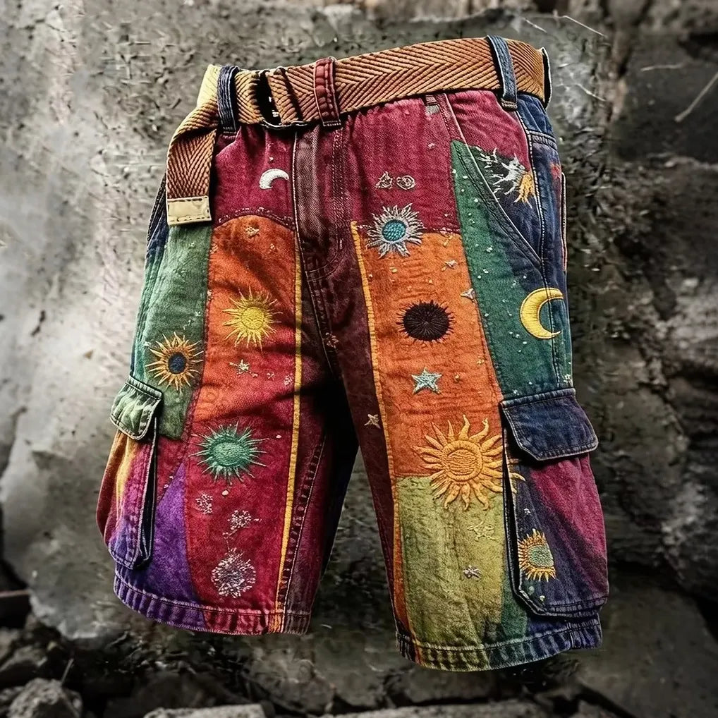 Men's Rustic Stone Wall Sun Moon Star Print Cargo Shorts