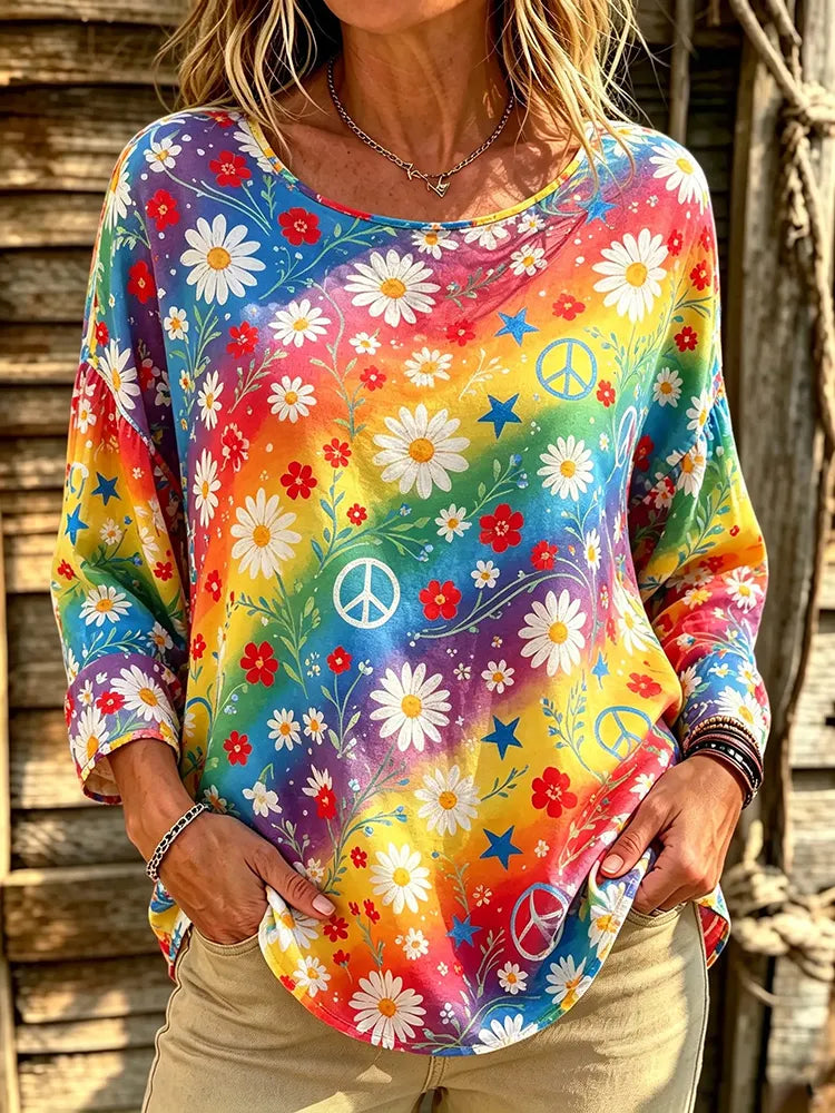 Women's Retro Rainbow Hippie Peace Floral Print Crew Neck Long Sleeve T-shirt