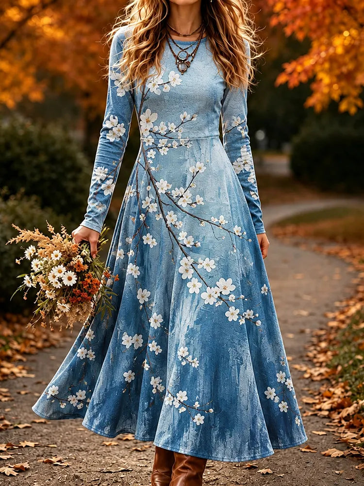 Women's Retro Floral Print Crew Neck Long Sleeve Casual Maxi Dress