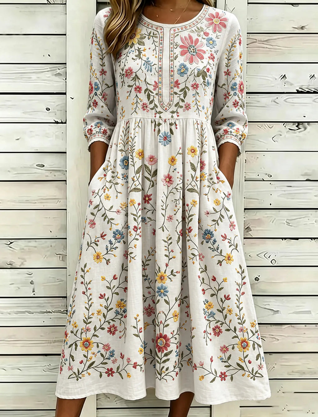 Women's Vintage Floral Pattern Art Embroidered Linen Blend Dress