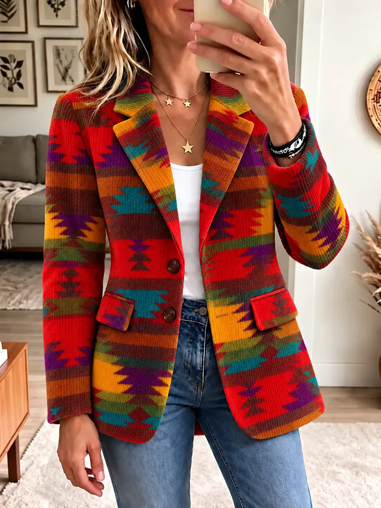 Women's Retro Multi-color Ethnic Print Casual Corduroy Blazer