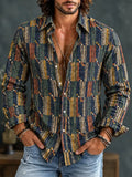 Men's Geometric Patchwork Stripe Print Long Sleeve Shirt