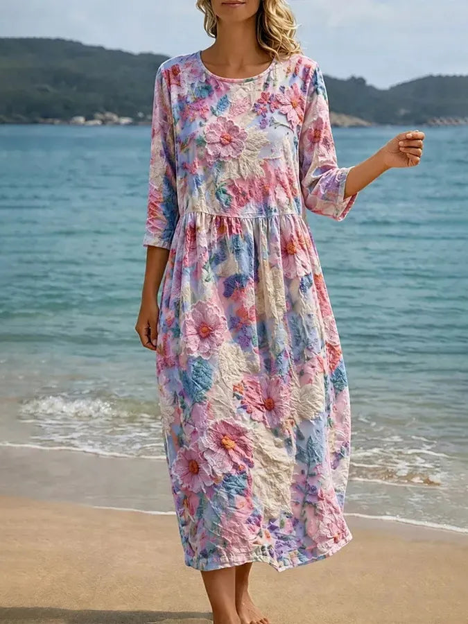Women's Retro Floral Pattern Casual Linen Dress
