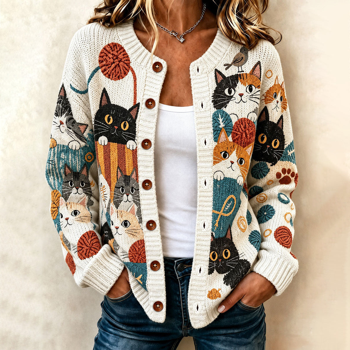 Women's Vacation Retro Colorful Cat Print Crew Neck Cardigan