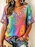Women's Hippie Floral Peace Sign Contrast Patchwork Print Short Sleeves Linen T-shirt