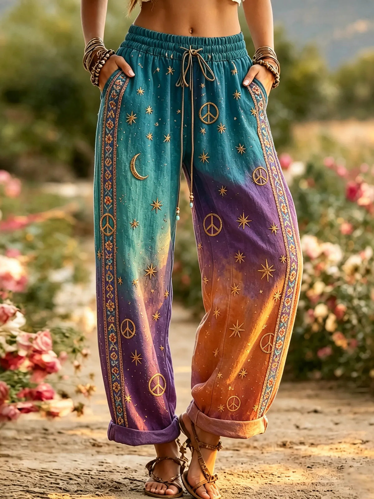 Women's Hippie Sun Moon Peace Art Linen Casual Pants