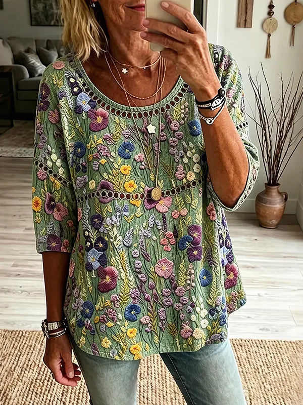 Women's Vintage Floral Art Print Flowy Linen Blend Linen Blend Three-quarter Sleeve Casual Tops