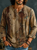 Men's Crackle Texture Print Henry Collar Long Sleeve T-Shirt