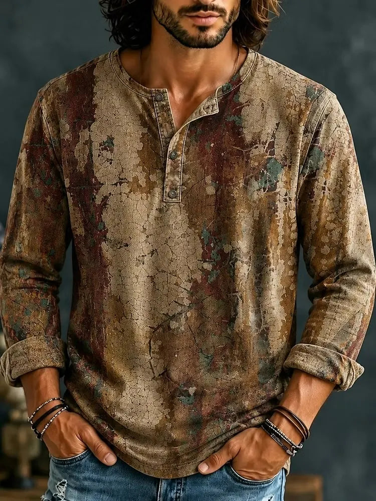 Men's Crackle Texture Print Henry Collar Long Sleeve T-Shirt