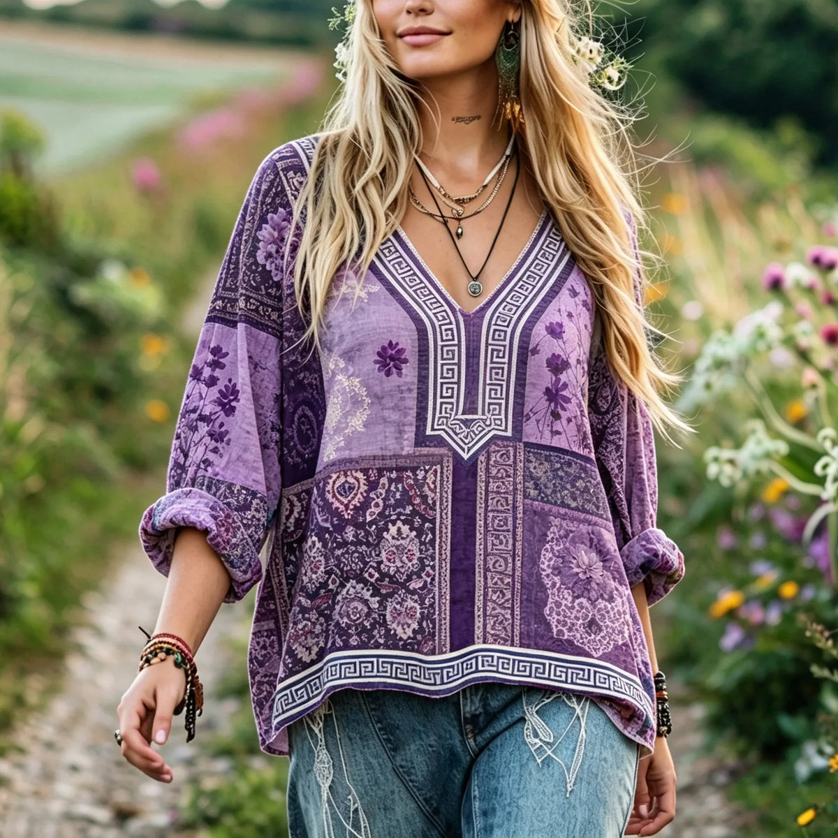Women's Retro Floral Patchwork V-neck Linen Top