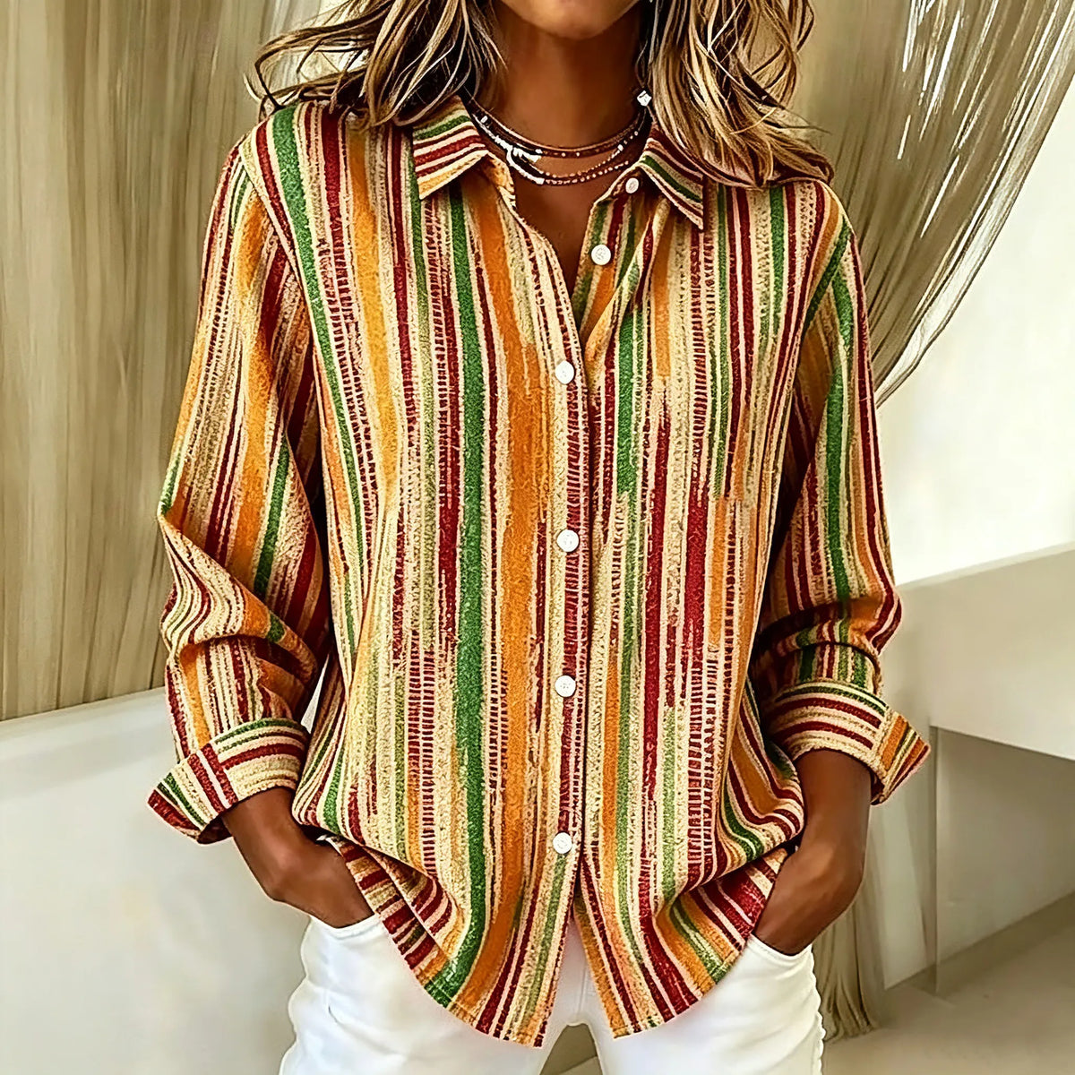 Women's Retro Colorful Abstract Striped Print Casual Long-sleeve Shirt