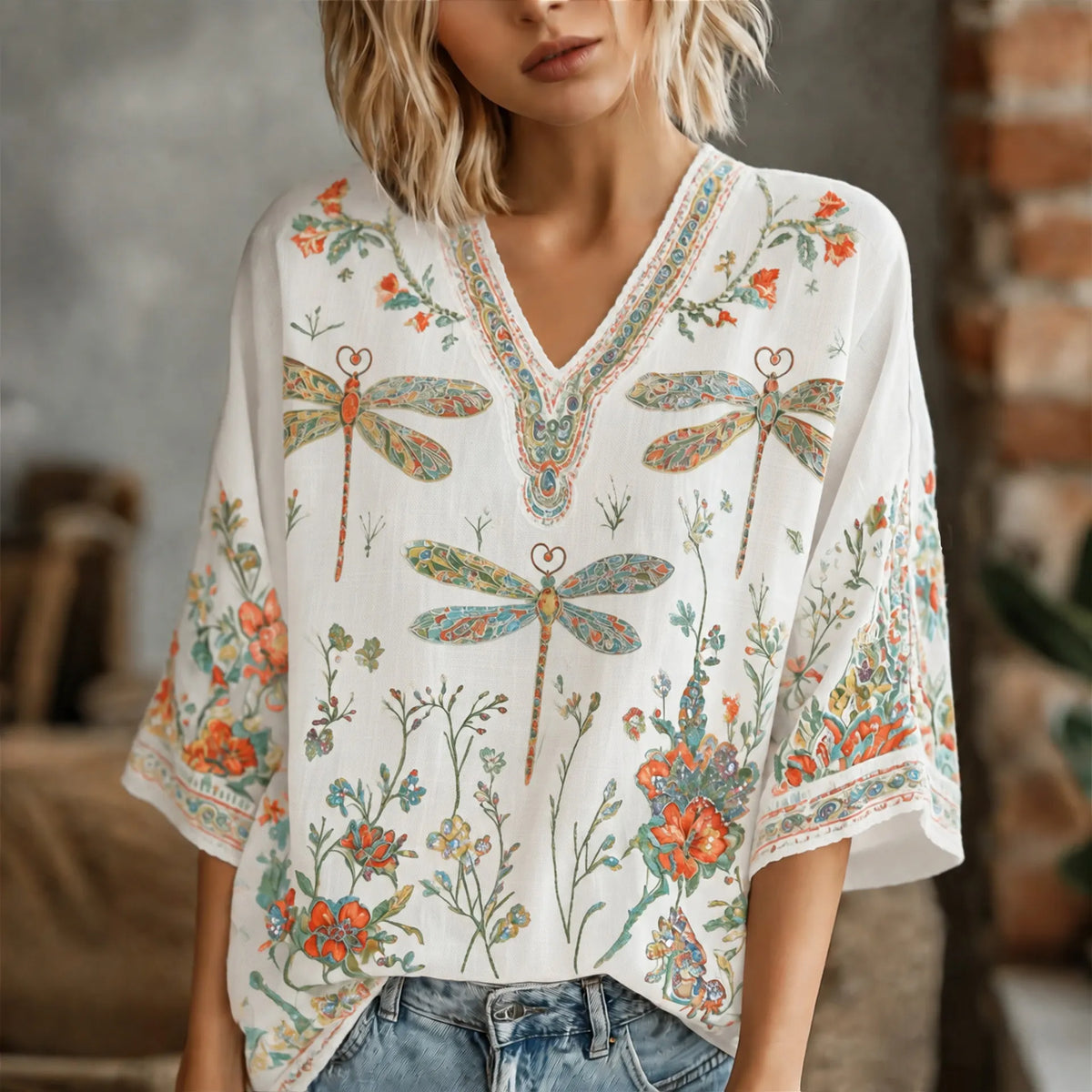 Women's Hippie Floral And Dragonfly In Patchwork Pattern Art Printed Linen Blend Mid-length Shirts