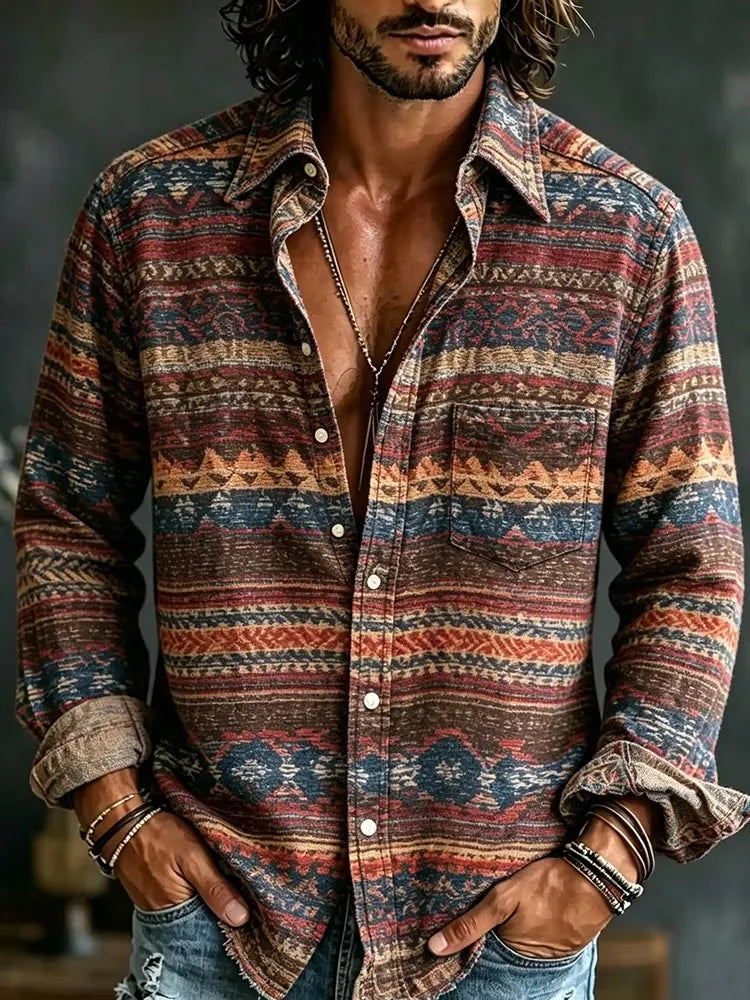 Men's Hippie Jagged Mountain Silhouettes Print Long Sleeve Pocket Shirt