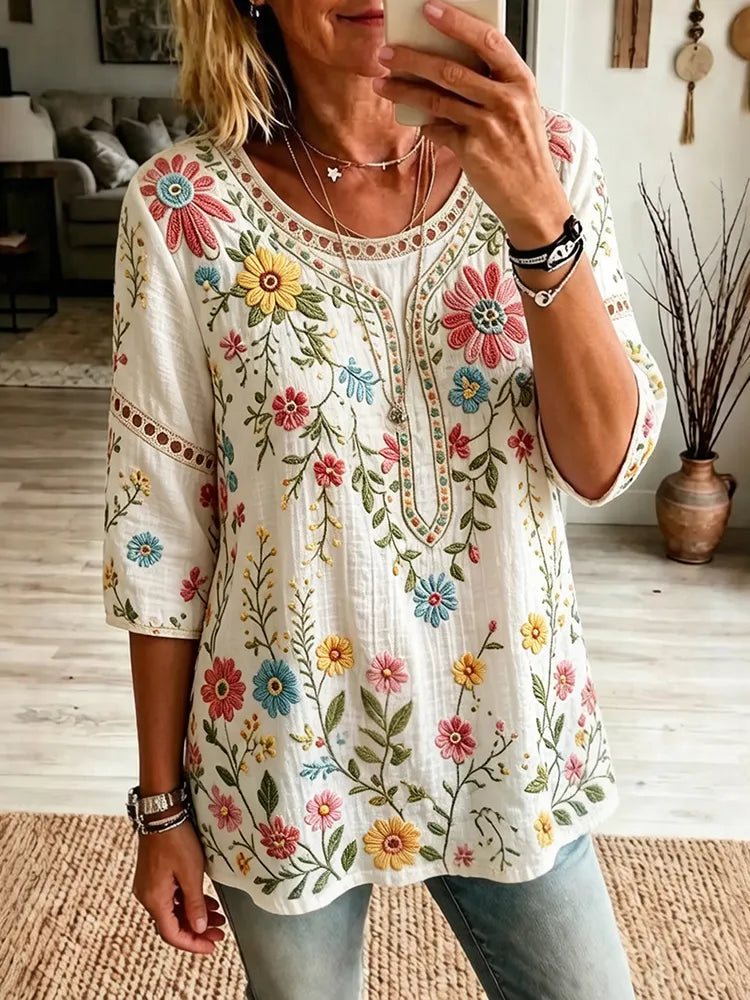 Women's Vintage Floral Art Print Flowy Linen Blend Linen Blend Three-quarter Sleeve Casual Tops