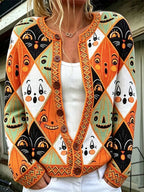 Women's Vintage Halloween Cat & Smiley Face Jacquard Knit Warm Cardigan