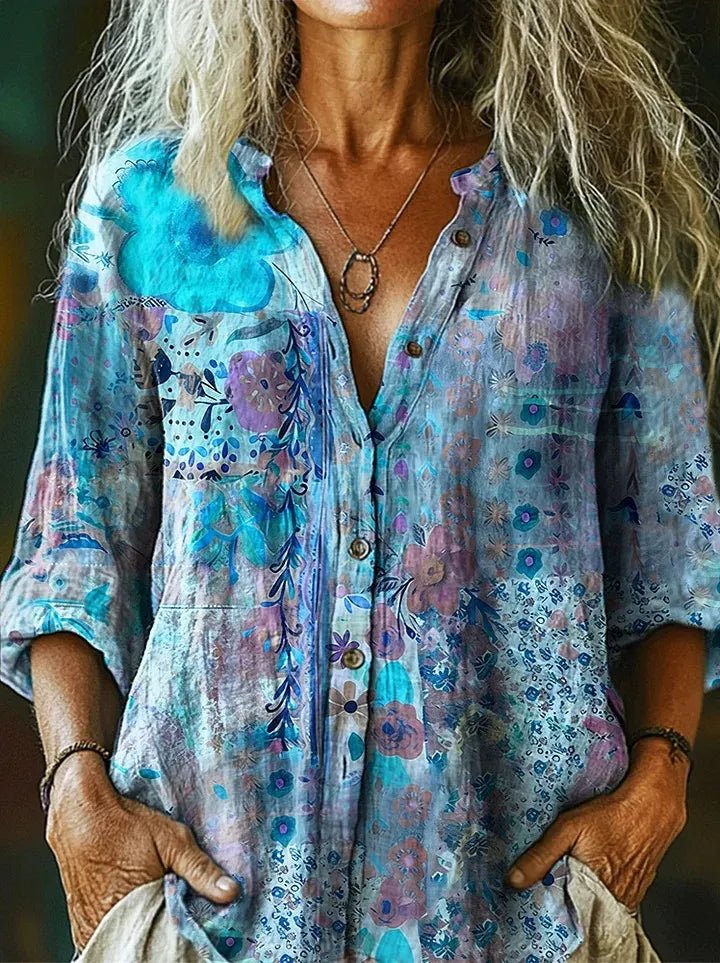 Women's Vintage Watercolor Flower Collage Art Print Casual And Linen Shirt