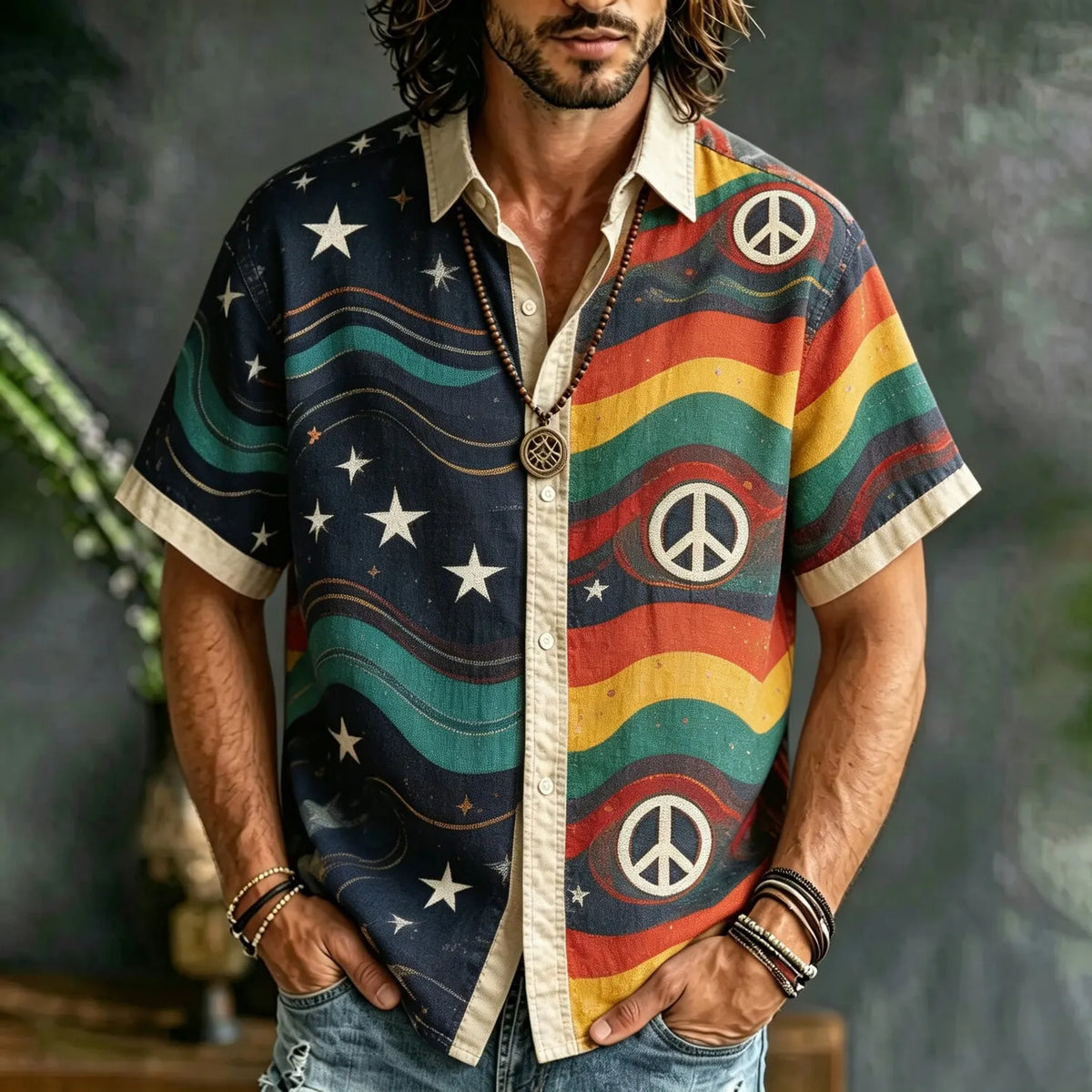 Men's Retro Reggae Wave and Star Peace Sign Print Short Sleeve Buttons Shirt