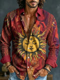 Men's Ornate Sun Face Geometric Swirl Print Long Sleeve Shirt