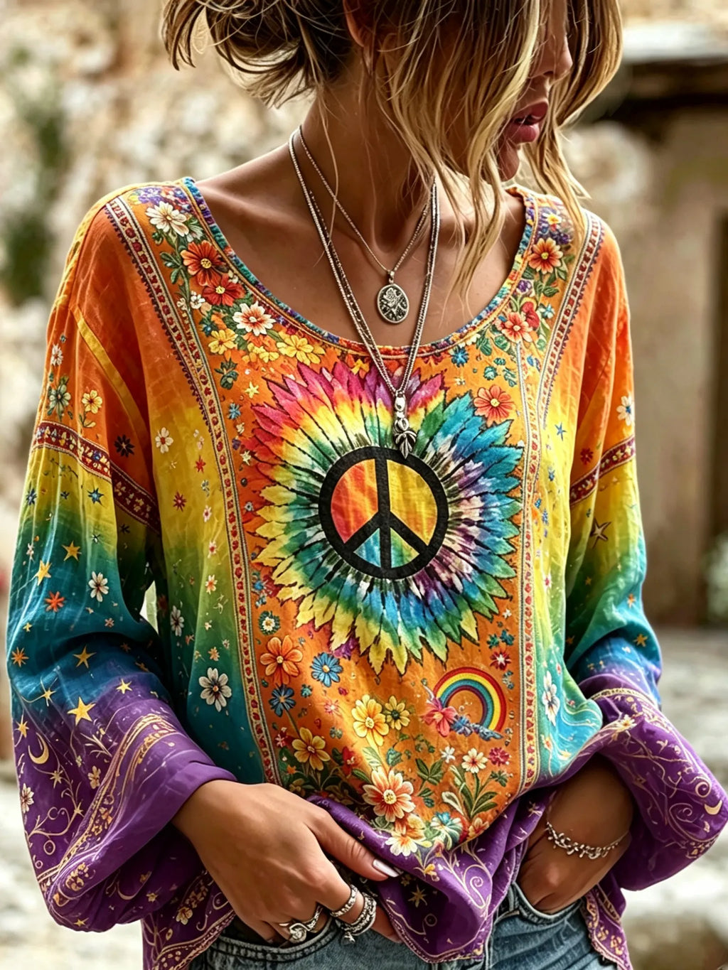 Women's Retro Hippie Floral Art Flowy Linen Blend Tops
