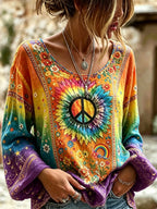 Women's Retro Hippie Floral Art Flowy Linen Blend Tops