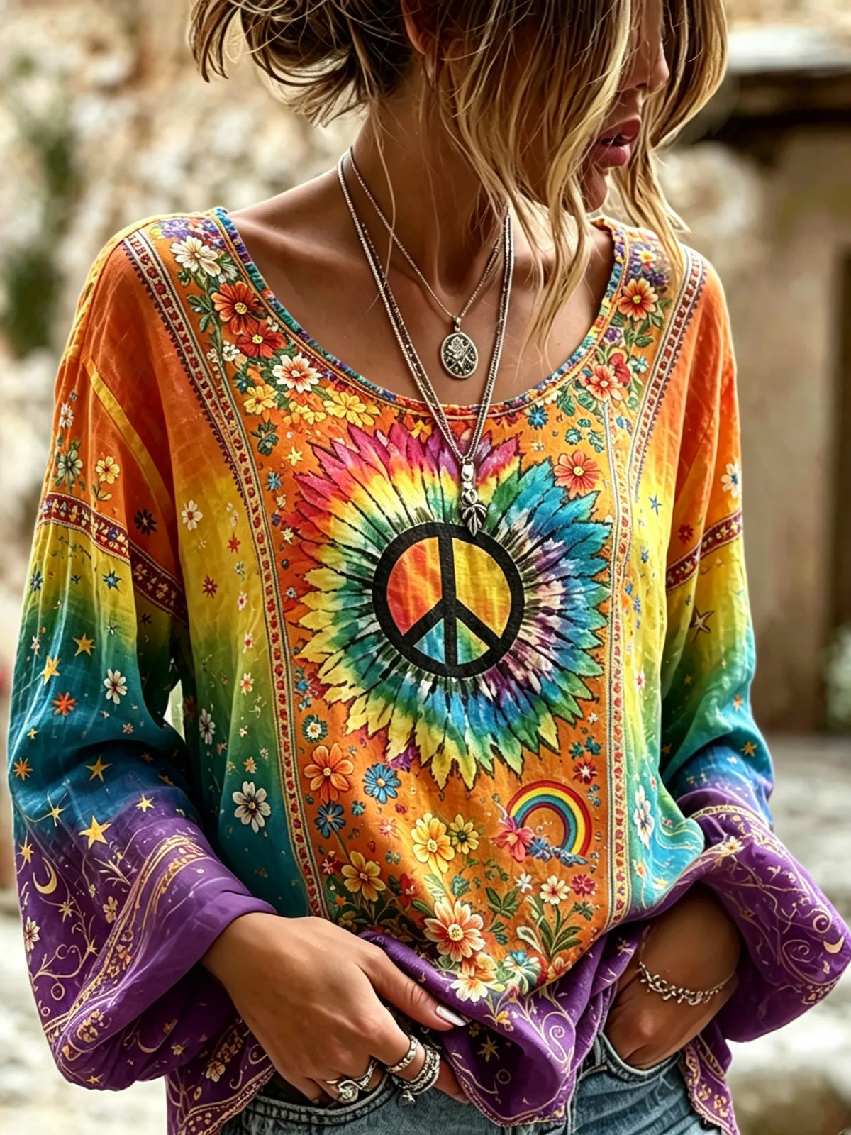 Women's Retro Hippie Floral Art Flowy Linen Blend Tops