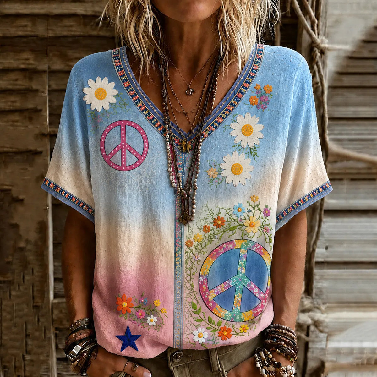 Women's Vintage Hippie Floral Patchwork Art Linen Blend Short Sleeve Tops